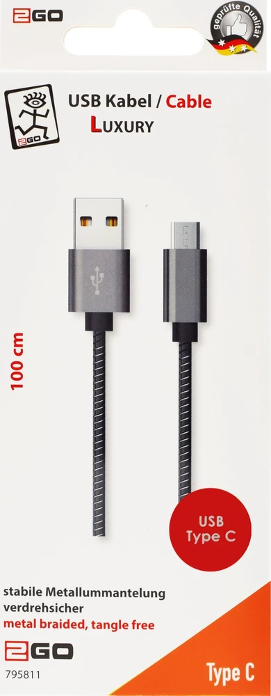 Kabelis USB 2GO USB-A - USB-C 1 m Juodai-sidabrinė (795812)