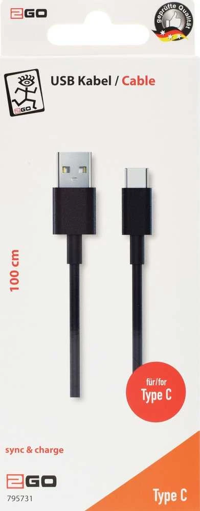Kabelis USB 2GO USB-A - USB-C 1 m Juodas (795731)