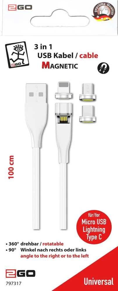 Kabelis USB 2GO USB-A - USB-C + micro-B + Lightning Baltas (797317)