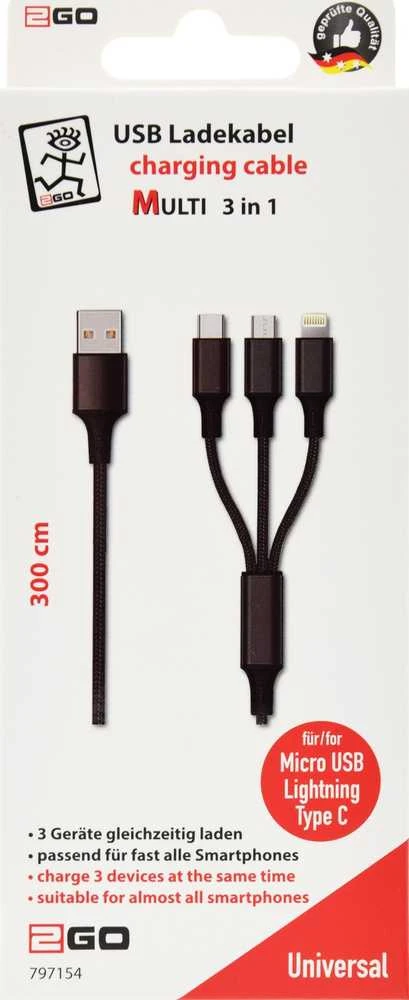2GO universalus 3-in-1 įkrovimo laidas pakuotėje