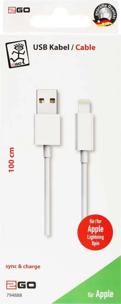 USB kabelis 2GO USB-A - Žaibas 1 m Balta (794888)