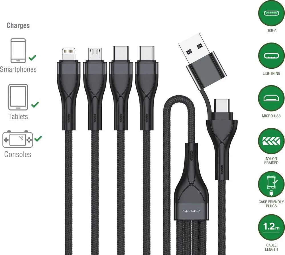 Kabelis USB-C/USB-A 4smarts 4in1 1.2m juodos spalvos