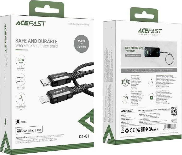 USB laidas Acefast C4-01 MFi PD30W USB-C to Lightning 1.8m juodas