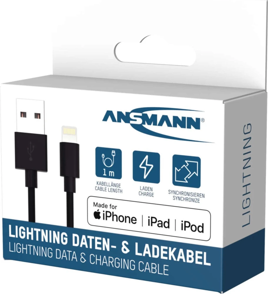 Kabelis USB Ansmann USB-A - Lightning 1 m Juodas (1700-0131)