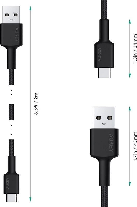 Aukey CB-CA2 OEM kabelis USB-C - USB-A 2m 60W PD 3A 20V FCP AFC nylonowy oplot juoda