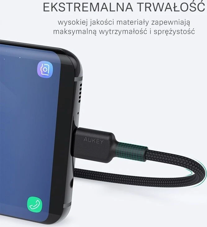Aukey CB-CA2 OEM kabelis USB-C - USB-A 2m 60W PD 3A 20V FCP AFC nylonowy oplot juoda