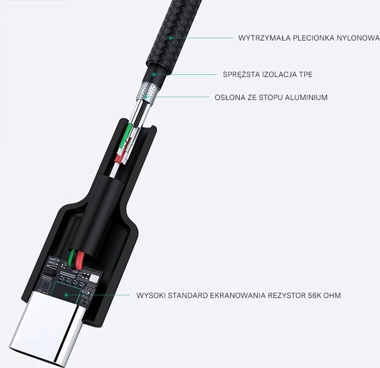 Aukey CB-CA2 OEM kabelis USB-C - USB-A 2m 60W PD 3A 20V FCP AFC nylonowy oplot juoda
