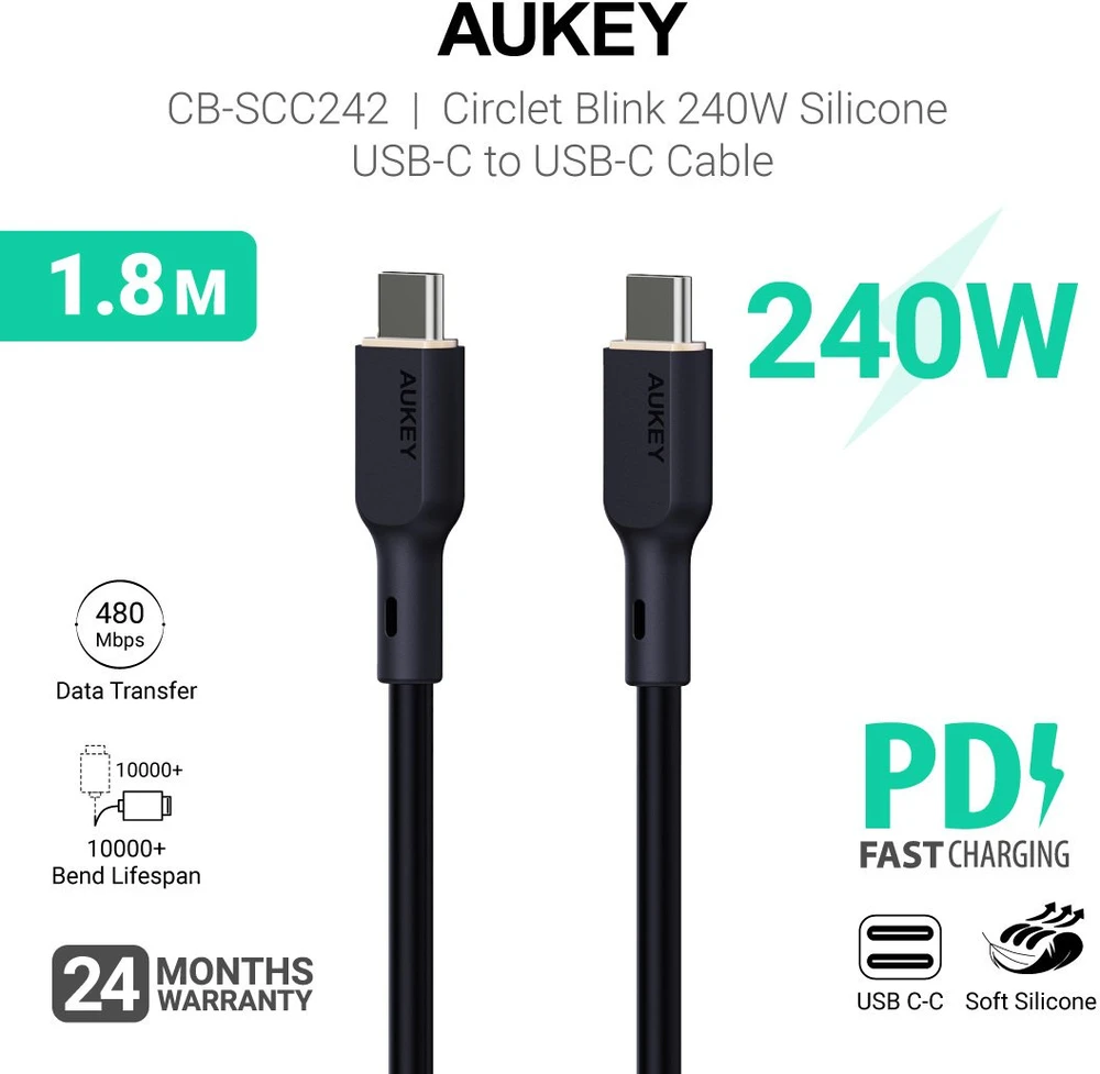 USB kabelis Aukey USB-C - USB-C 1,8 m juodas (Aukey)