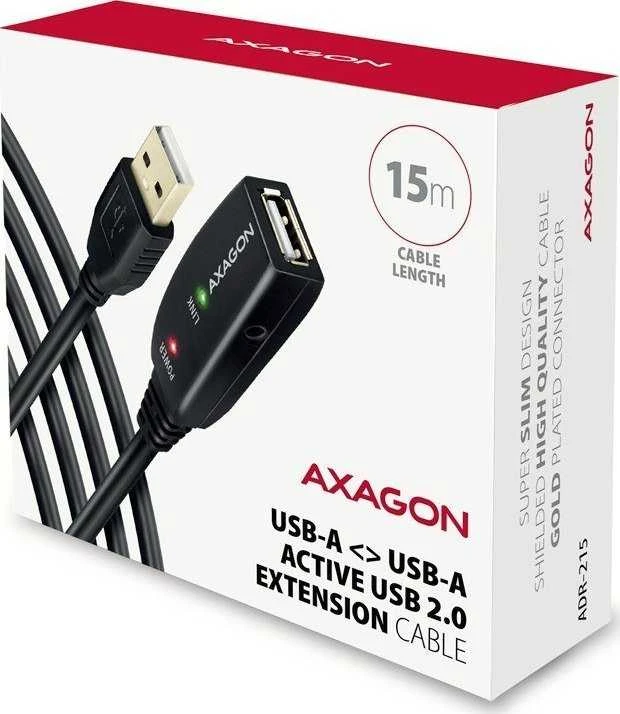 Axagon ADR-215 Aktyvus prailginimas USB 2.0 A-M > A-F laidas, 15 m ilgio. Maitinimo variantas.