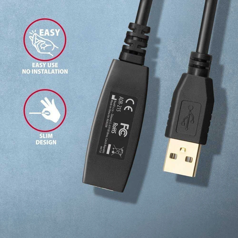 Axagon ADR-215 Aktyvus prailginimas USB 2.0 A-M > A-F laidas, 15 m ilgio. Maitinimo variantas.