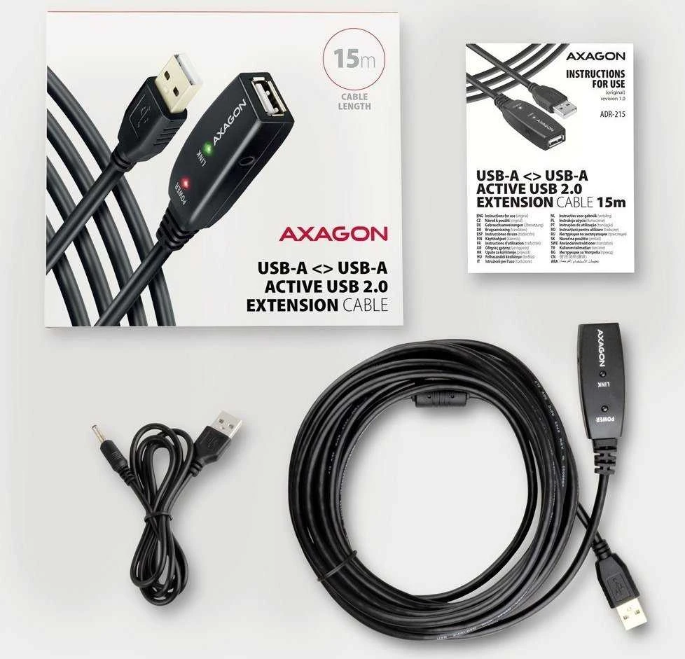 Axagon ADR-215 Aktyvus prailginimas USB 2.0 A-M > A-F laidas, 15 m ilgio. Maitinimo variantas.