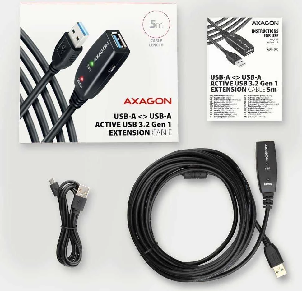 Axagon Active prailginimo USB 3.2 Gen 1 A-M > A-F laidas, 5 m ilgio. Maitinimo variantas.