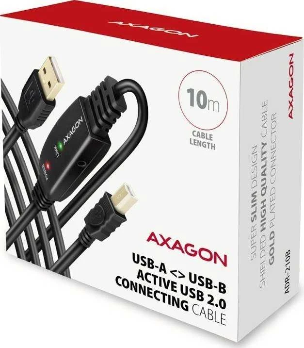 Axagon Aragon ADR-210B Aktyvioji jungtis USB 2.0 A-M > B-M laidas, 10 m ilgio. Maitinimo variantas.