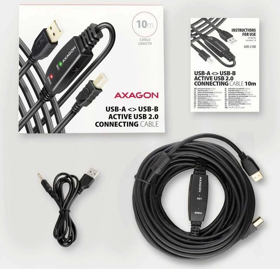 Axagon Aragon ADR-210B Aktyvioji jungtis USB 2.0 A-M > B-M laidas, 10 m ilgio. Maitinimo variantas.