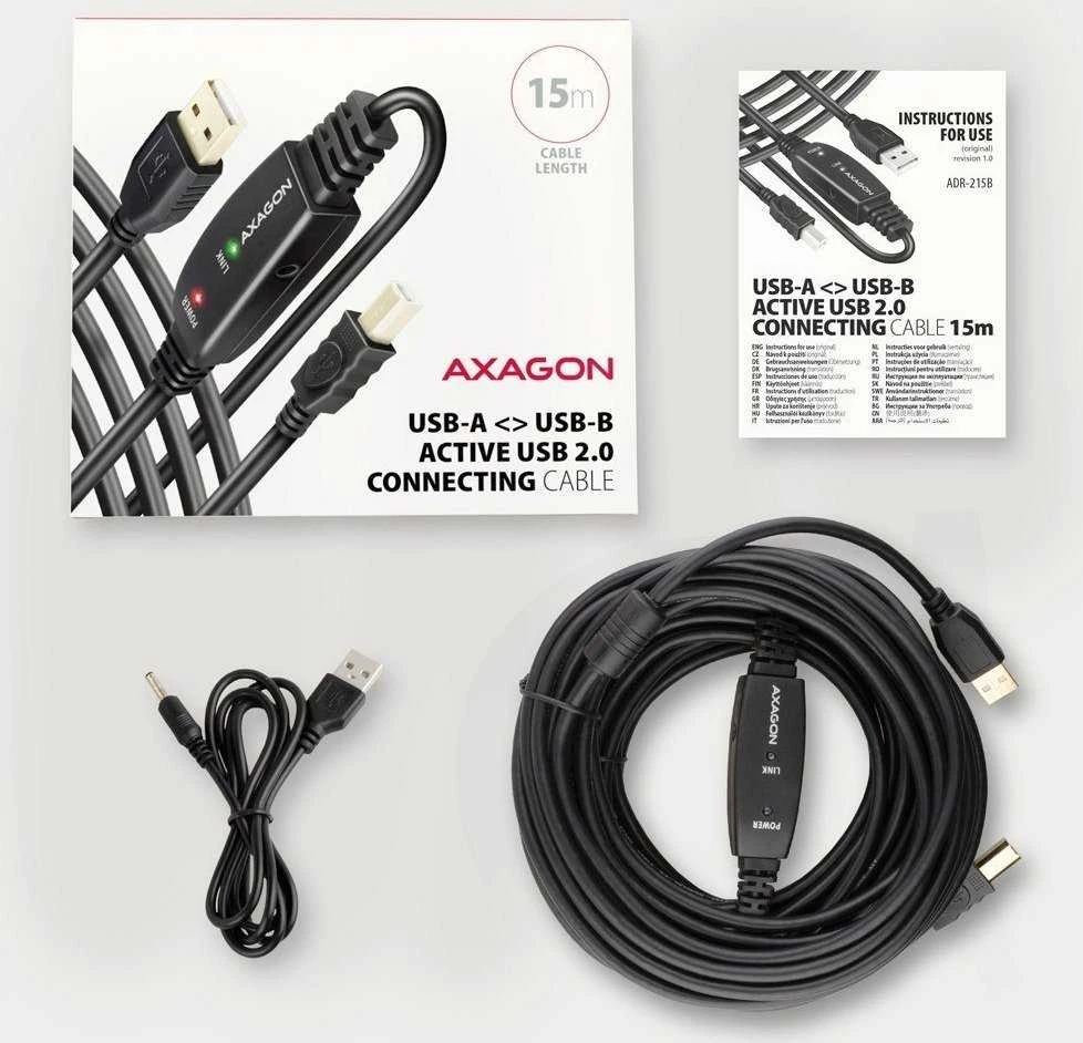 Axagon ADR-215B Aktyvioji jungtis USB 2.0 A-M > B-M laidas, 15 m ilgio. Maitinimo variantas.