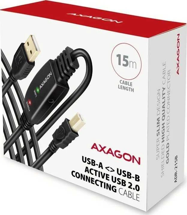 Axagon ADR-215B Aktyvioji jungtis USB 2.0 A-M > B-M laidas, 15 m ilgio. Maitinimo variantas.