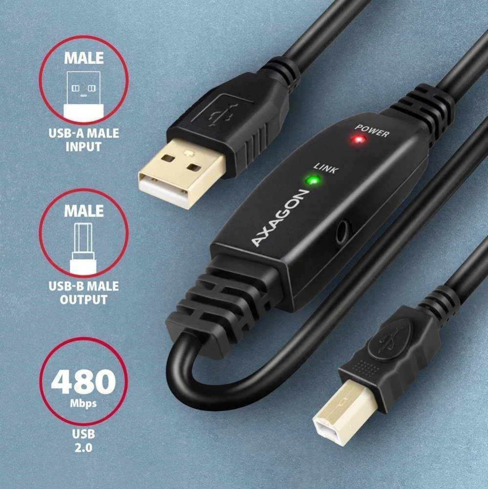 Axagon Active jungtis USB 2.0 A-M > B-M laidas, 20 m ilgio. Maitinimo variantas.
