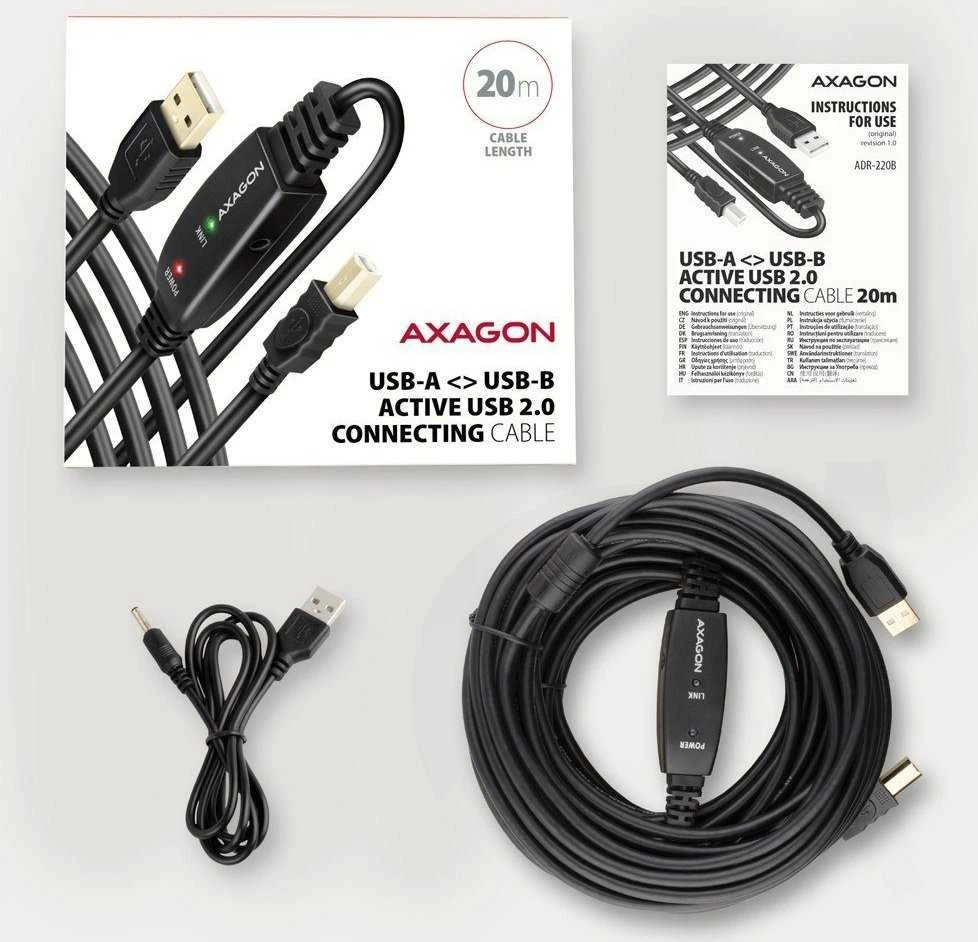 Axagon Active jungtis USB 2.0 A-M > B-M laidas, 20 m ilgio. Maitinimo variantas.