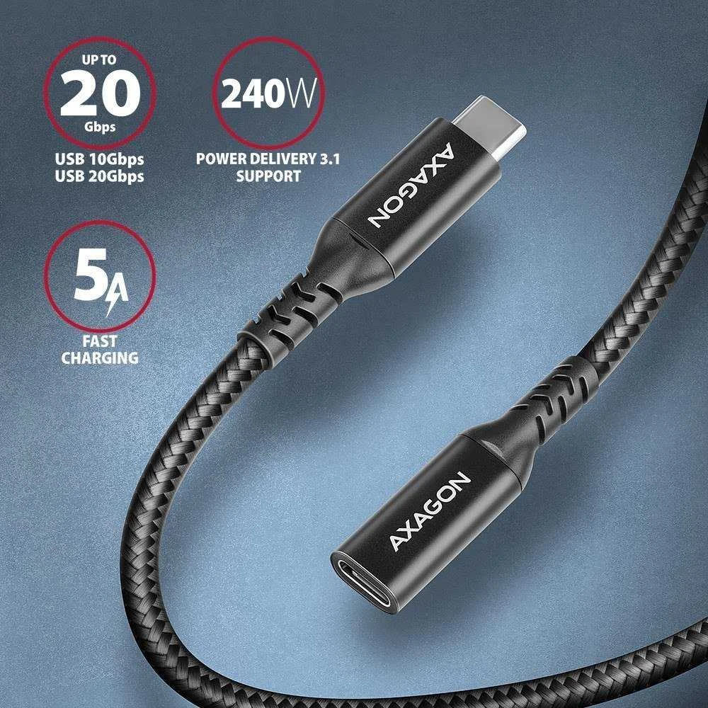 Axagon Extension USB 20Gbps kabelio ilgis 0.5 m. PD 240W, 5A, 8K HD video. Juodas braided.