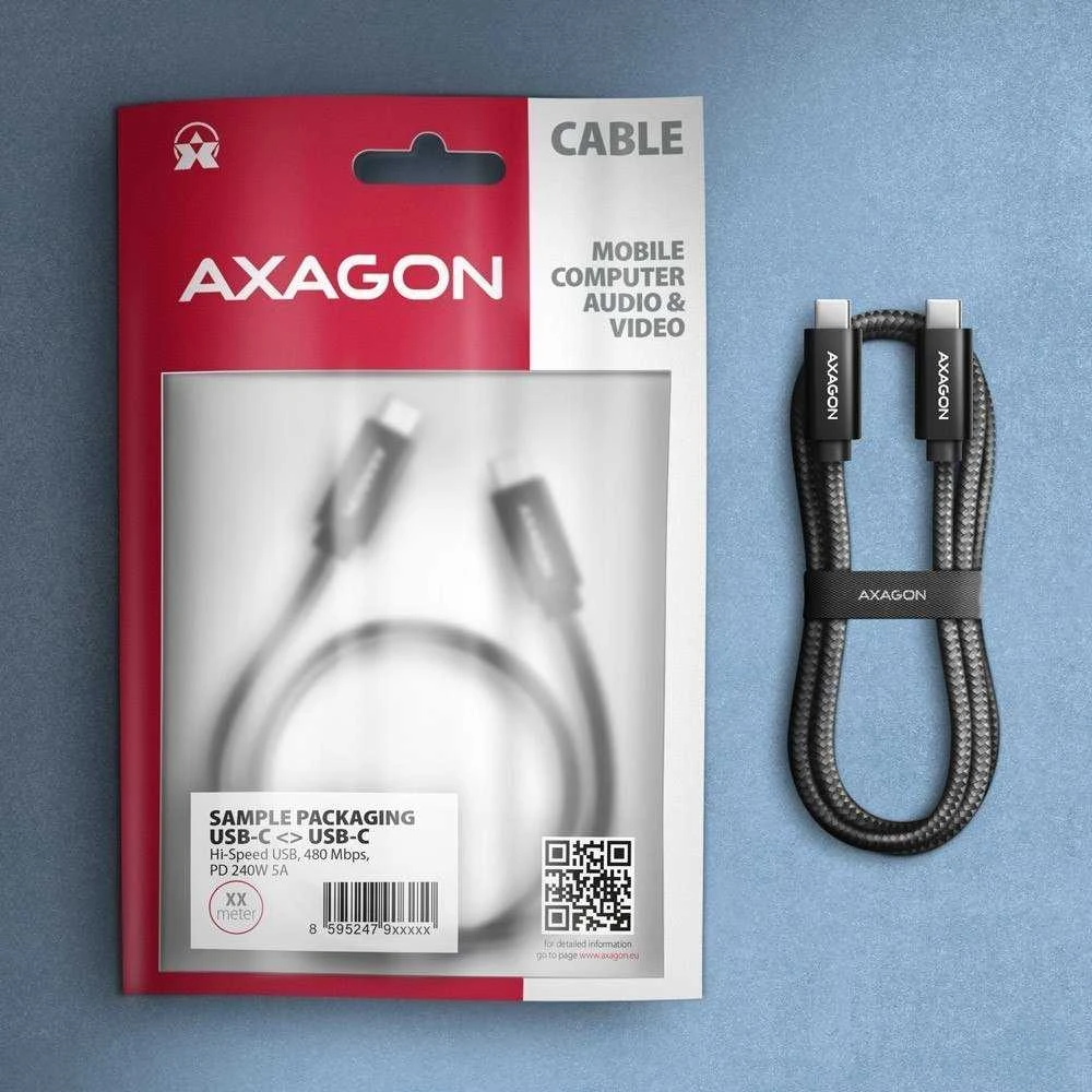 Axagon Data and charging USB 480Mbps kabelio ilgis 1 m. PD 240W, 5A. Juodas braided.