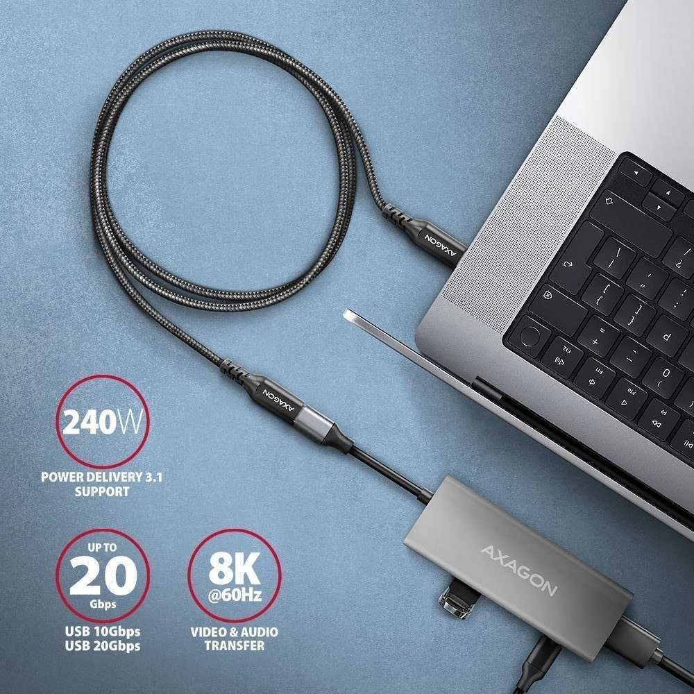 Axagon Extension USB 20Gbps kabelio ilgis 1.5 m. PD 240W, 5A, 8K HD video. Juodas braided.