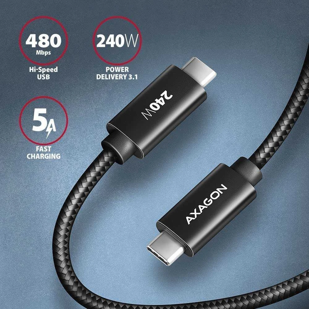 Axagon Data and charging USB 480Mbps kabelio ilgis 2 m. PD 240W, 5A. Juodas braided.