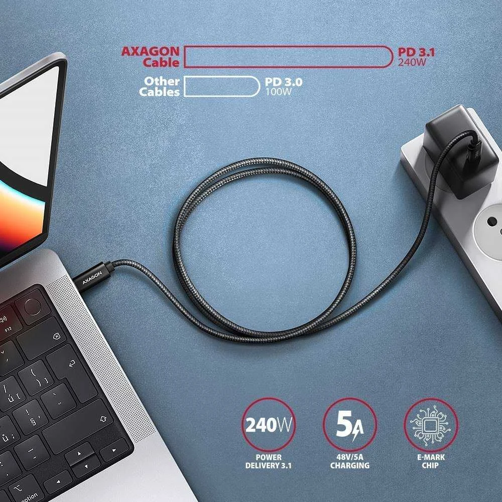 Axagon Data and charging USB 480Mbps kabelio ilgis 2 m. PD 240W, 5A. Juodas braided.