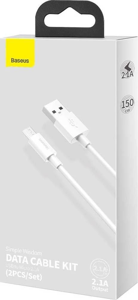 Baseus Simple Wisdom Data kabelių rinkinys USB Micro 2.1a (2vnt) 1.5m - Baltas