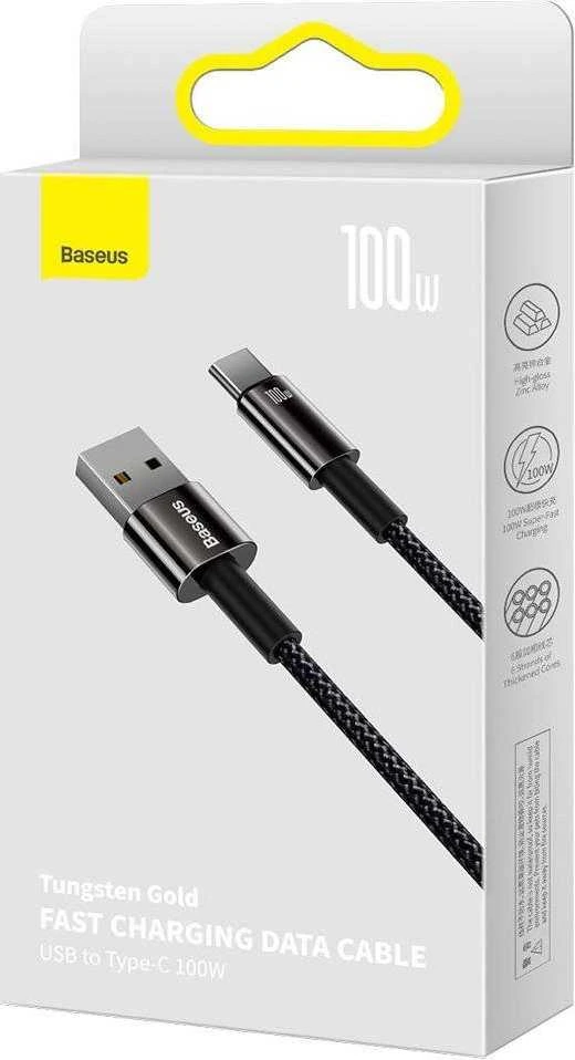 Baseus volframo auksinis kabelis USB prie USB-C, 100 W, 1 m (juodas)