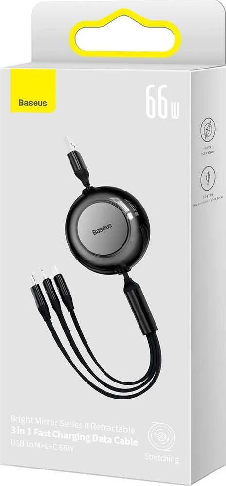 Baseus Bright Mirror 3 USB 3-in-1 kabelis skirtas micro USB USB-C Lightning 66W 2A 1,1m – Juodas