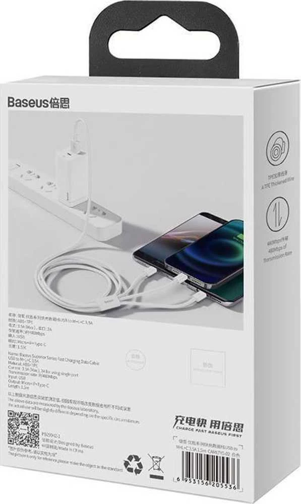 Greitas įkrovimas iš USB į M+L+C Baseus Superior Data 3.5A 1m (baltas)