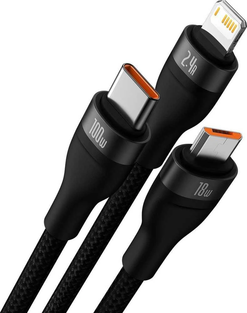 Baseus Flash Series 3in1 USB laidas USB-C + micro USB + Lightning 100W 1.2m – Juodas