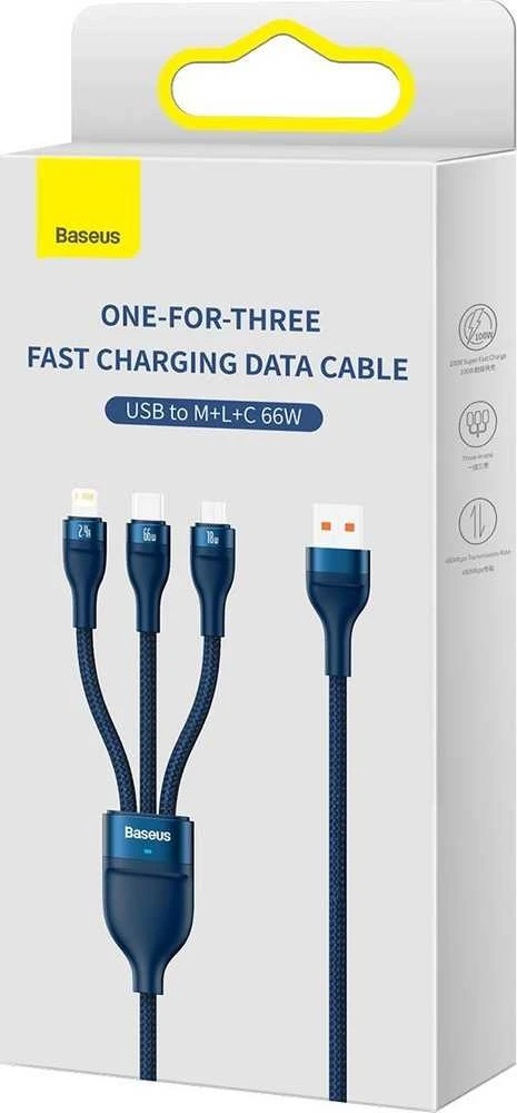 Baseus Flash 3 su 1-ben USB įkrovikliu, USB-C + Micro USB + Lightning 66 W, 1.2 m (kek)