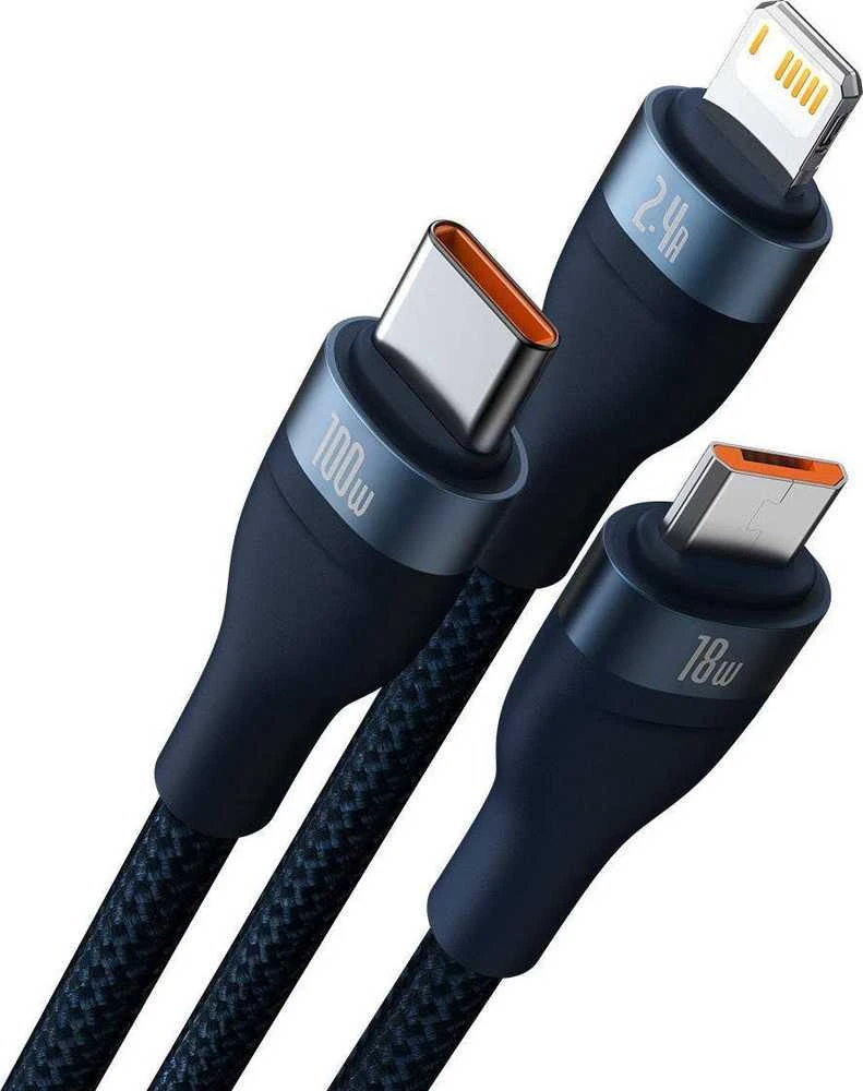 Baseus Flash Series 3in1 USB laidas USB-C + micro USB + Lightning 100W 1.2m - Mėlynas