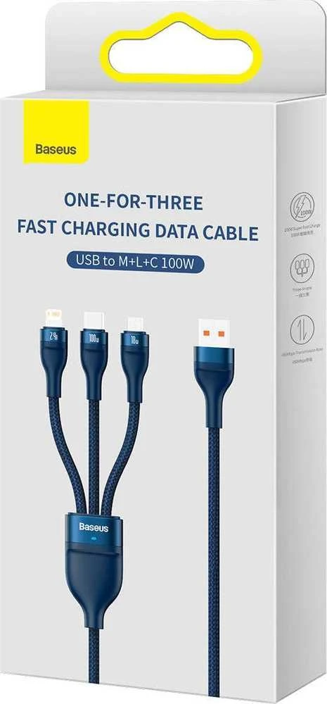 Baseus Flash Series 3in1 USB laidas USB-C + micro USB + Lightning 100W 1.2m - Mėlynas