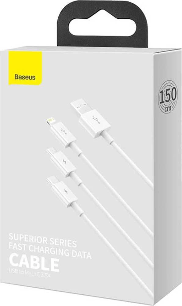 Greitas įkrovimas iš USB į M+L+C Baseus Superior Data 3.5A 1m (baltas)