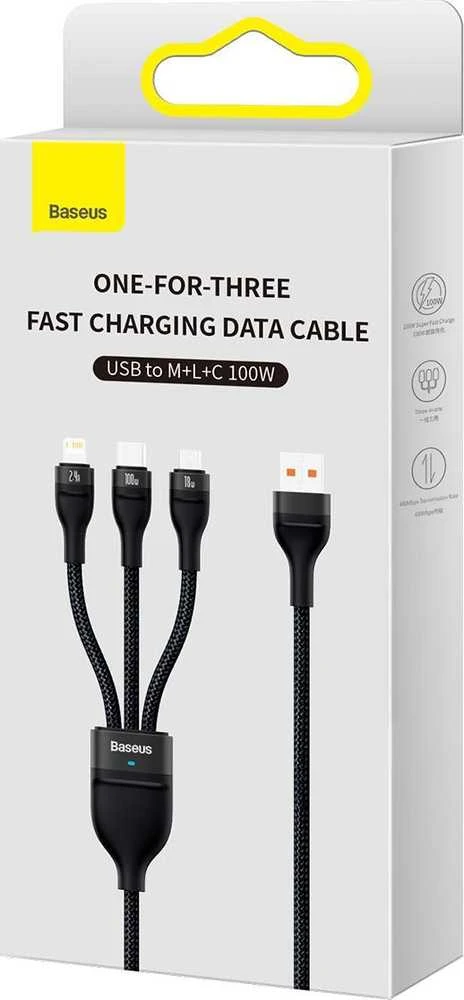 Baseus Flash Series 3in1 USB laidas USB-C + micro USB + Lightning 100W 1.2m – Juodas