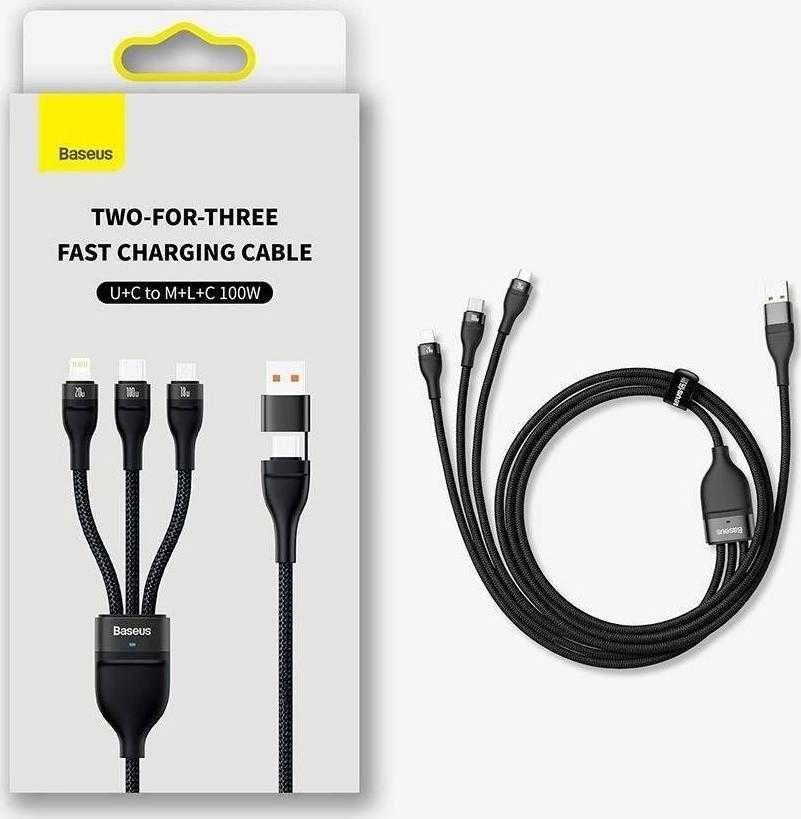 Baseus Flash Series 2 3in1 USB laidas USB-C + micro USB + Lightning 100W 1,2m – Juodas