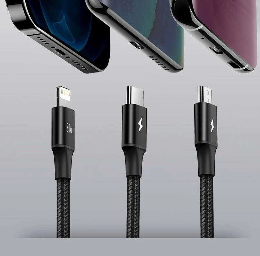 Kabelis USB C - 3 kištukai (USB C (iki 15W), micro USB (iki 10W), lightning (iki 20W)) 1.5m juodas Rapid BASEUS