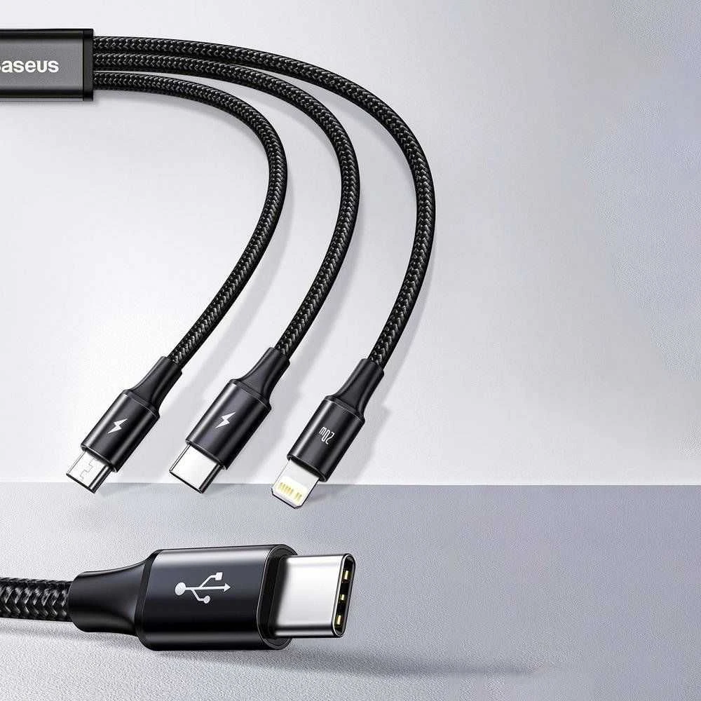 Kabelis USB C - 3 kištukai (USB C (iki 15W), micro USB (iki 10W), lightning (iki 20W)) 1.5m juodas Rapid BASEUS