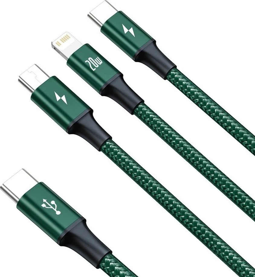 Baseus Rapid serijos Micro USB + Lightning + USB-C kabelis skirtas M+L+T 20W 1.5m – Žalias