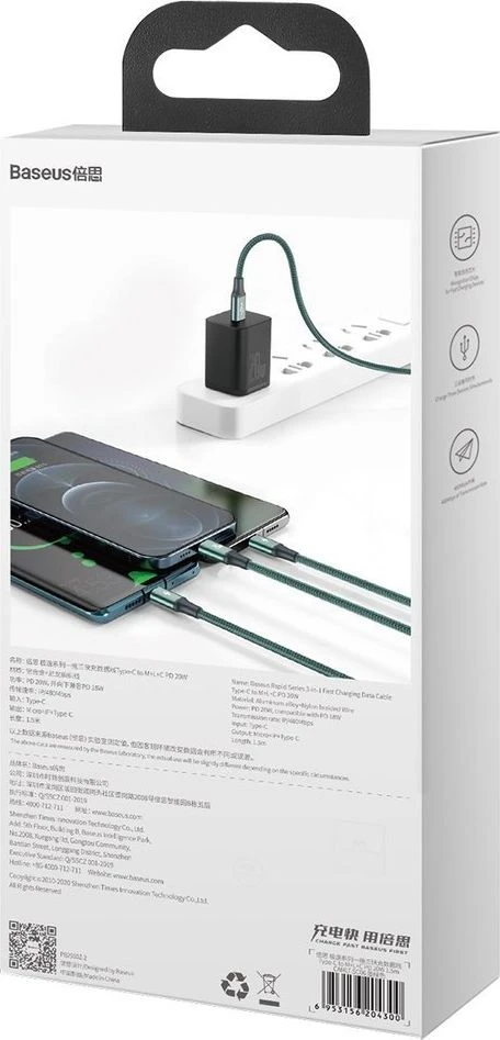 Baseus Rapid serijos Micro USB + Lightning + USB-C kabelis skirtas M+L+T 20W 1.5m – Žalias