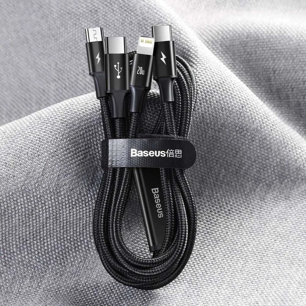 Kabelis USB C - 3 kištukai (USB C (iki 15W), micro USB (iki 10W), lightning (iki 20W)) 1.5m juodas Rapid BASEUS