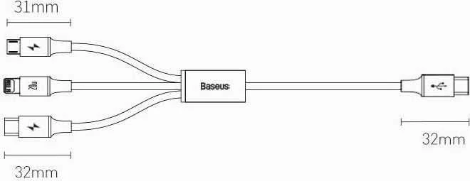 Kabelis USB C - 3 kištukai (USB C (iki 15W), micro USB (iki 10W), lightning (iki 20W)) 1.5m juodas Rapid BASEUS