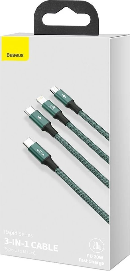 Baseus Rapid serijos Micro USB + Lightning + USB-C kabelis skirtas M+L+T 20W 1.5m – Žalias
