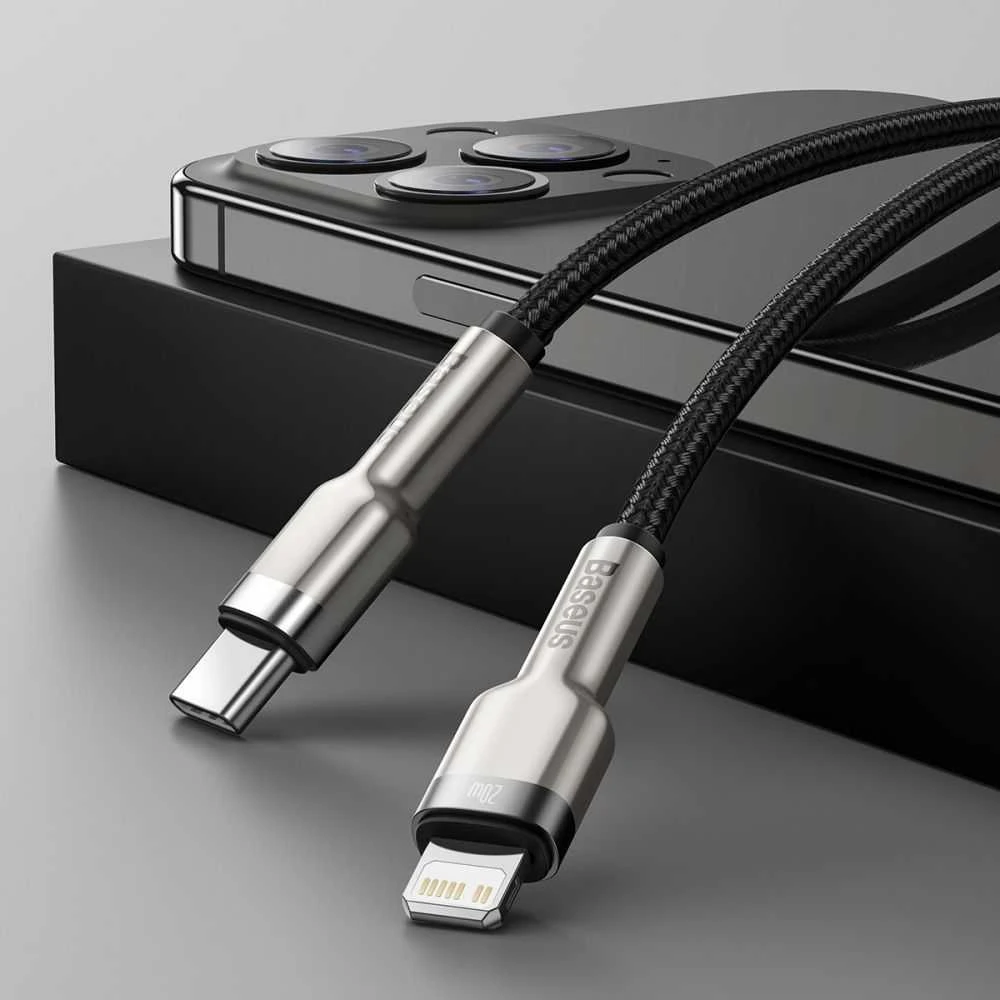 Baseus Cafule Metalinis duomenų kabelis USB Type C/ Lightning - 20W Maitinimas 0.25m, Juodas (Juodas)