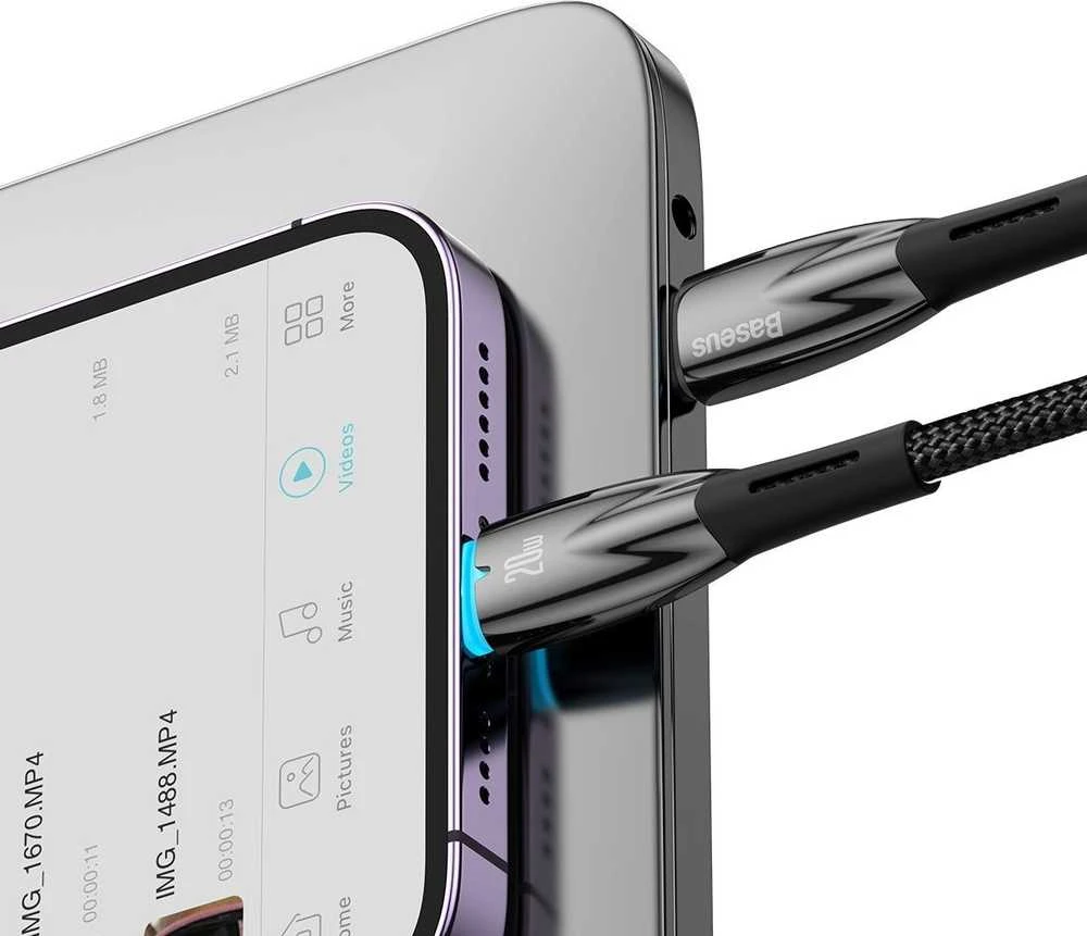 USB-C laidas, skirtas Lightning Baseus Glimmer Series, 20W, 2m (juodas)