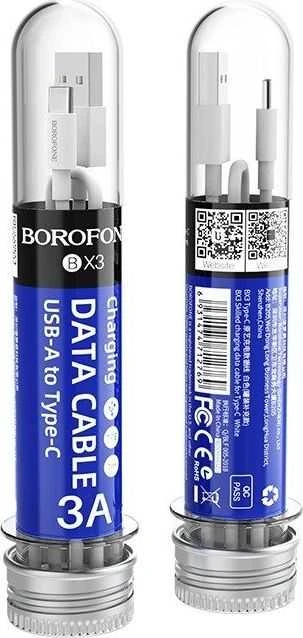 Borofone - USB-A - USB-C cable for data transmition and charging, 1 m baltos spalvos