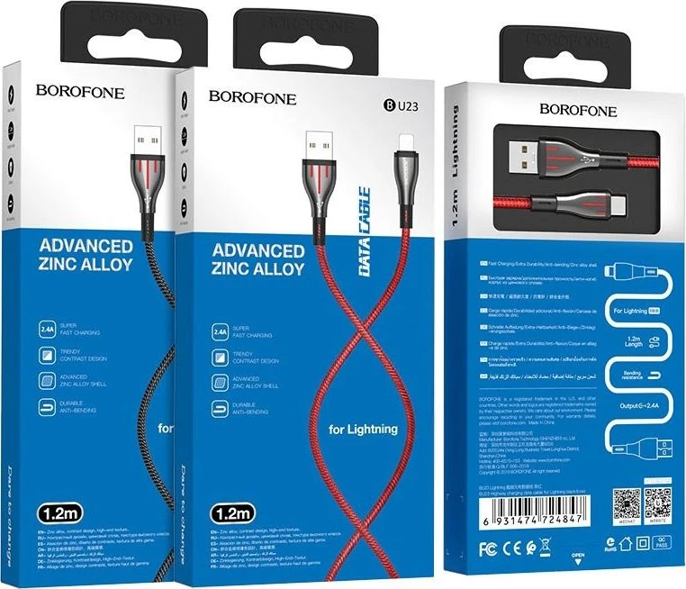 Borofone Highway - 1.2m USB to Lightning Connection Cable Juodas / Raudona