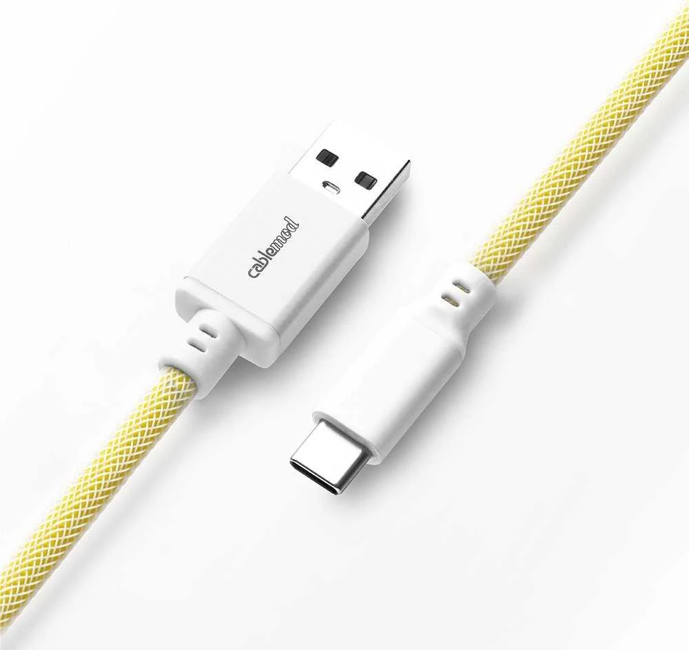 Klaviatūra CableMod PRO Coiled Cable susuktas klaviatūros laidas USB-C į USB Type A, Lemon Ice – 150cm